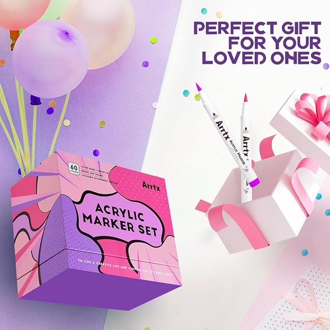 Arrtx Acrylic Paint Markers 60B,Brush Tip Acrylic Markers for Rock Painting,Glass,Stone,Wood,Ceramic Fabric Art Supplies,Stocking Stuffer Gifts for women men