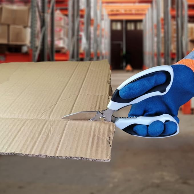 Heavy Duty 8'' Multipurpose Scissors with Protective Cover, Stainless Steel Serrated Blades, Easy Cutting Cardboard, Leather, Fabric, Wires, White