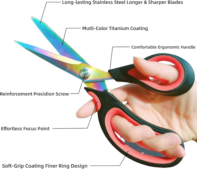 Scissors All Purpose, 9.5 Inch Premium Stainless Steel Scissors Heavy Duty Titanium Coating Sewing Fabric Scissor Cutting Fabric Leather, Hand Cutting Tools for Office, Home, School, Sewing and Crafts