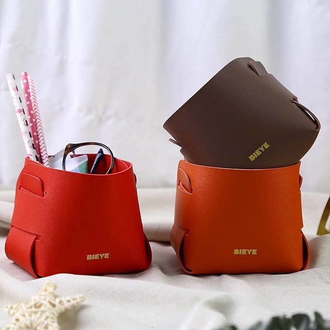 Bieye LSB003 Collapsible Leather Storage Bin Decorative Desk Organizer for Jewelry Makeup Pen Pencil Glasses Remote Controller Storage (Brown, 4" WX4 LX4 H)