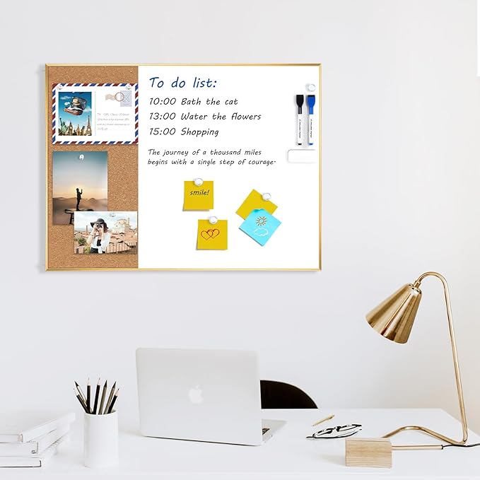 ARCOBIS Dry Erase Cork Board Combo, 24"X18" Bulletin White Board for Wall, Magnetic Corkboard Whiteboard Combination, Vision Board for Office, Home, School Gold Frame