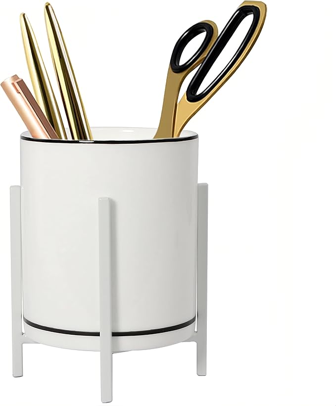 Desk Ceramic Pencil Cup with Metal Legs, Ceramic Pencil Cup, Black and White Pen Holder Cup for Office, Desk Decor for Women Girls, Cute Makeup Brushes Holder