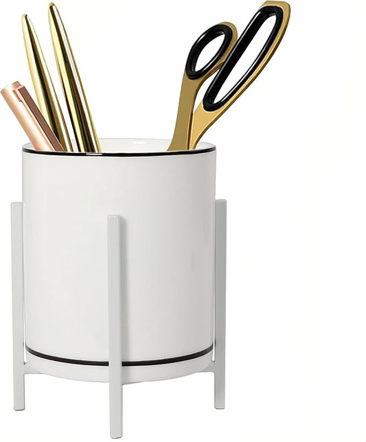 Desk Ceramic Pencil Cup with Metal Legs, Ceramic Pencil Cup, Black and White Pen Holder Cup for Office, Desk Decor for Women Girls, Cute Makeup Brushes Holder