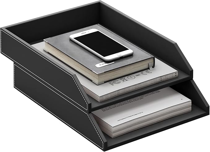 Leather Letter Tray, Thipoten Stackable Desk Organizer Holder for Office Supplies, Paper, File, Magazine, Perfect Office Organization for Desktop (Black-2Tiers)