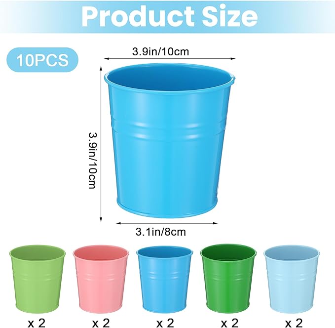 10 Pcs Metal Pen Holder, Colorful Desktop Pencil Cup, Mini Stationary Supplies Buckets, Round Makeup Brush Storage Organizers for Office Home School Classroom Accessory, 3.9 x 3.9 x 3.15 Inches