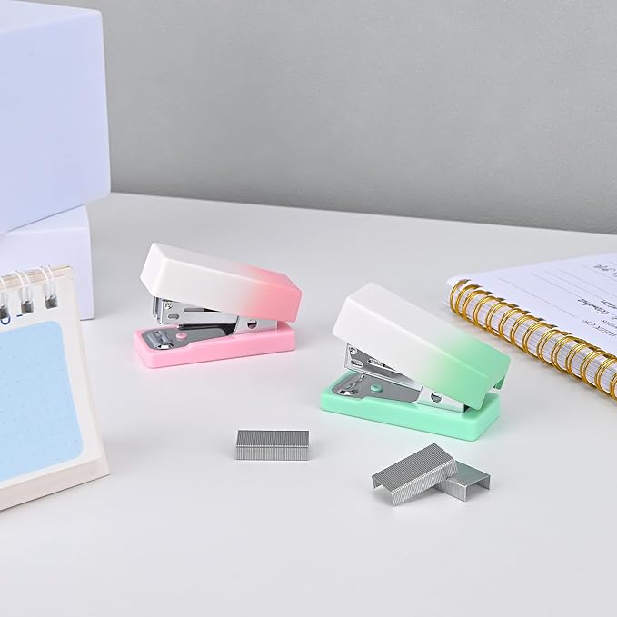 Temiary 2 Pcs Mini Desktop Stapler with Staples Standard, Small Cute Stapler for Desk, 12 Sheets Capacity, Gradient Staplers for Student or Office Use (Green & Pink)