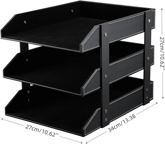 KINGFOM Letter Tray, Leather Paper Organizer Tray, Wooden Desk File Holder, Desktop File, Stackable Magazine Holder, Mail Sorter, Great for Home or Office - 3 Level Black