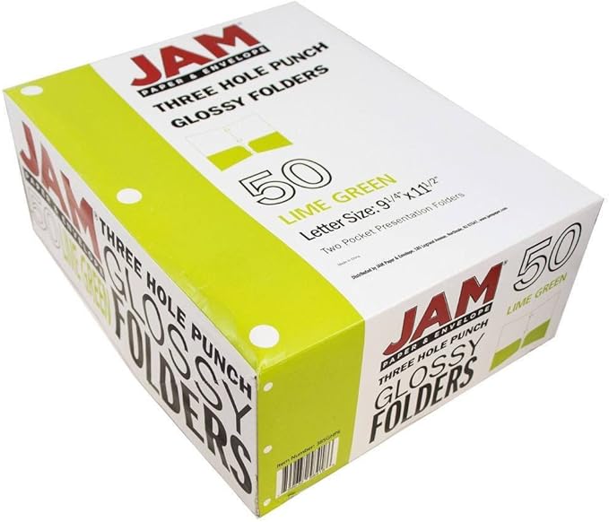 JAM PAPER Laminated Two Pocket Glossy 3 Hole Punch School Folders - Letter Size - High Gloss Lime Green - Bulk 50/Box