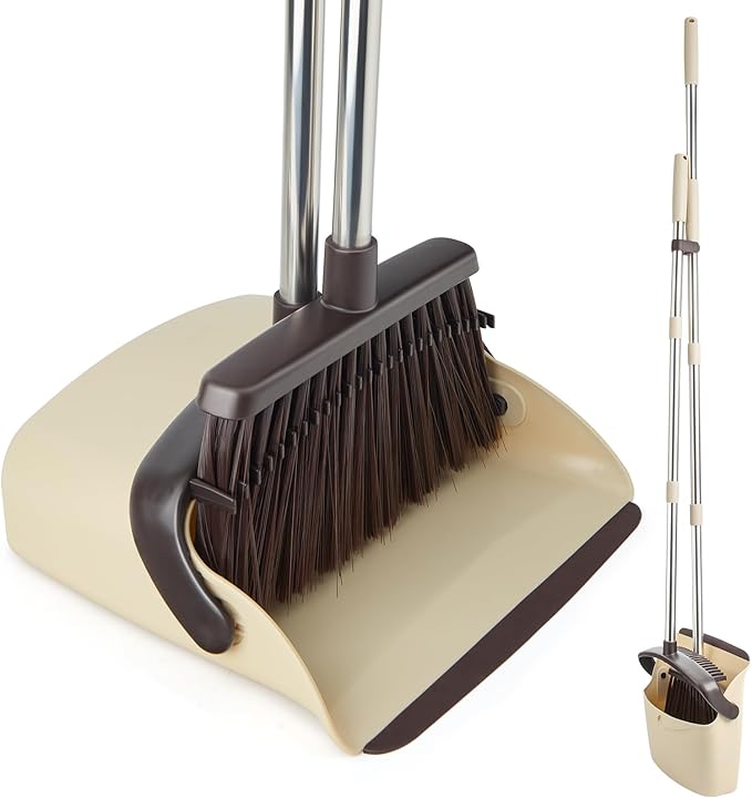 OOOFLOWER Broom and Dustpan Set, Dustpan Combo with 51" Stainless Steel Long Handle Brooms with 5-Layer Soft Bristles for Home Office Kitchen Bathroom(Beige)