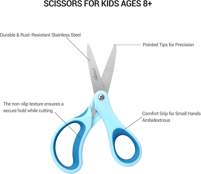 LIVINGO Kids Scissors for Ages 8-11 - 3 Pack 6” Pointed Tip Stainless Steel School Scissors for Children Teacher Classroom Crafting