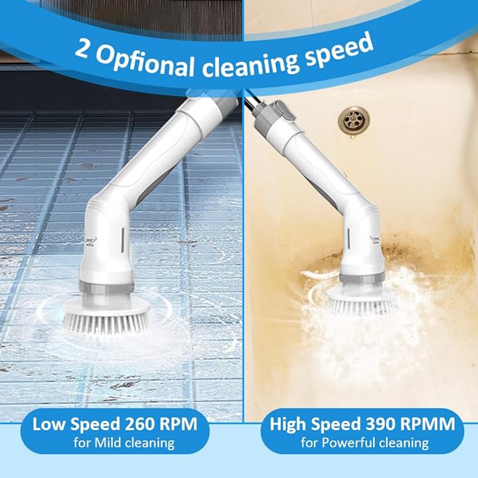 Electric Spin Scrubber, Cordless Bathroom Scrubber Cleaning Brush Cleaner with Adjustable Extension Long Handle, Battery Level Display, 3 Brush Head, 1 Sponge Head