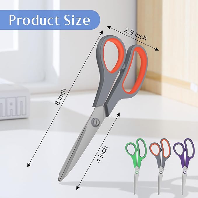3 Pack All Purpose Scissors, 8.3" Stainless Steel Scissor With Ergonomic Soft-Grip Handles, Sharp Scissors Set for Office, School, Kitchen, Crafts, Sewing, Right/Left Hand(Green+Orange+Purple)