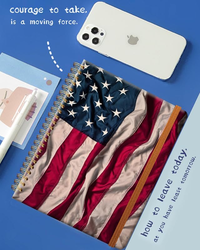 Ruled Spiral Writing Notebook,A5 Hardcover Lined College Journal for Women Girl,Strong Twin-Wire Binding with Premium Paper,8.4" X 6",Perfect for School,Office(Old American Flag)