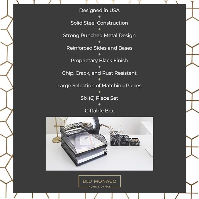 BLU MONACO Black Desk Organizer Set for Women – 6-Piece Interlocking Office Supplies Set, Pen Cup, 3 Accessory Trays & 2 Letter Trays, Black Stackable Paper Tray Holder