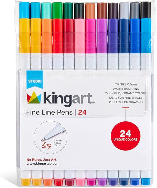 KINGART Studio Fine Line Pens, 24 Colors Set, 0.4mm Ultra Fine Tip for Drawing, Sketching, Journaling, Adult Coloring, & Art Projects, Water-Based Ink, Non-Bleeding.