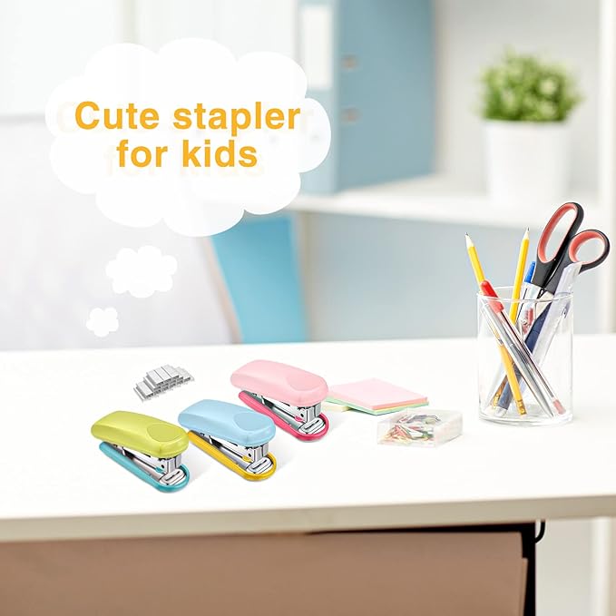 Leinuosen 6 Pack Mini Stapler with 1000 Staples Pink Small Stapler Multipack 16 Sheets Capacity Standard Staples with Box Desktop Remover for Kids School Office Supplies, 3 Colors