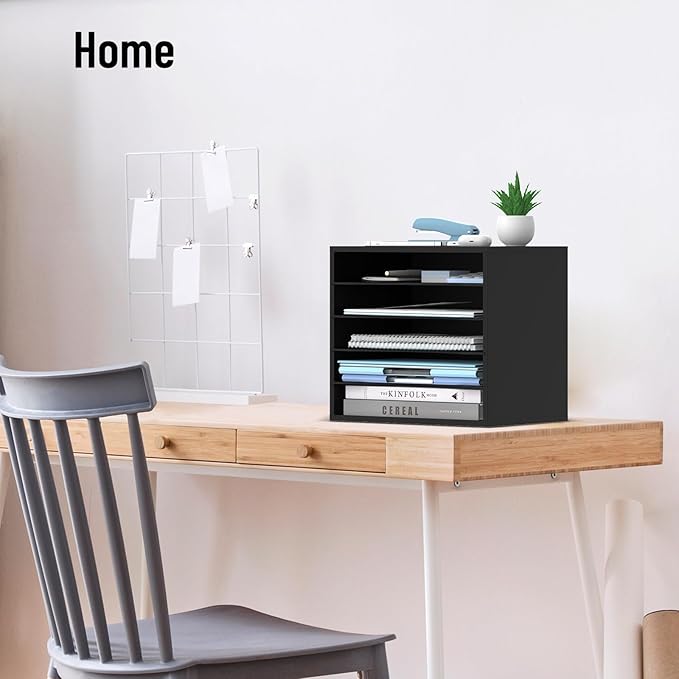 5-Tier Wood Desk Organizer, Paper Tray Organizer for Desk with Adjustable Storage Shelves, Desktop Paper Sorter Mail Holder for Office Home Classroom, Black