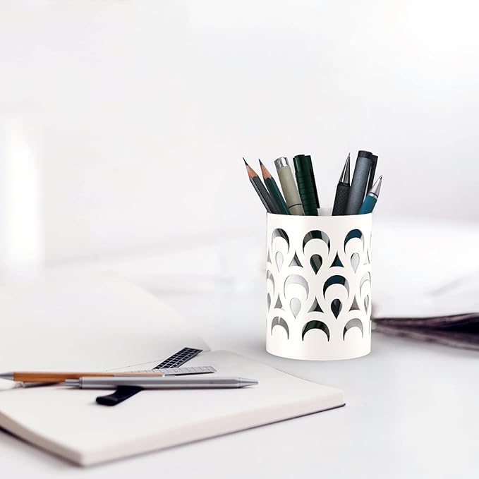 Mango Steam Metal Pen Holder, Makeup Brush Cup Organizer for Office, Bathroom, Vanity (White, Peacock)