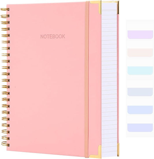 Spiral Notebook, Hardcover Leather Journal for Women Men, 300 Page Thick Notebooks College Ruled for Work, School, Note Taking, Writing Journals, Large A5 Notebook with Tabs Sticky, 5.7" x 8.5", Pink