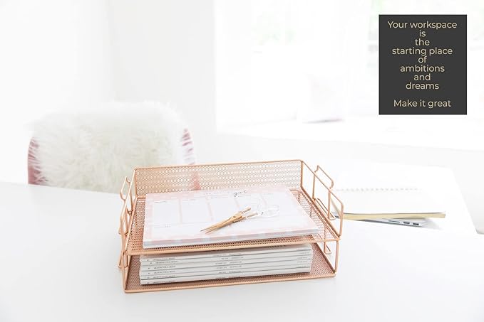 BLU MONACO Rose Gold Mesh Paper Tray – Set of 2 Stackable Letter Trays – Durable Metal Desk Organizer for Home, Office & School – Stylish Document Holder, File Storage, and Workspace Organizer