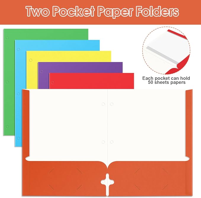 Folders with Pockets, 120 Pack Assorted Colors, 3 Hole Punched with Business Card Slot, Letter Size File Folders for School, Office, Home