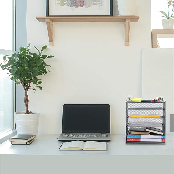 Samstar Paper Letter Tray, Metal Desk File Organizer with 5 Tier Shelf and Sorter,Silver