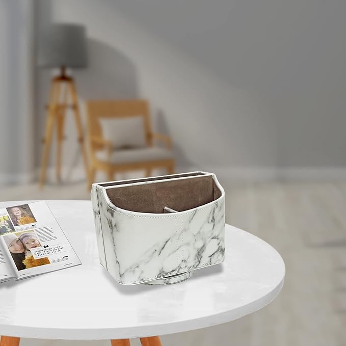 PU Leather Remote Control Holder 360 Degree Rotating Desk Organizer/Caddy Storage Box for Remote Controllers,TV Guide, Mail, Electronics,Pen,Stationery and Media Storage white