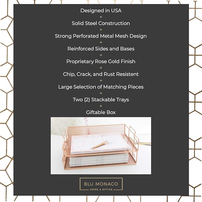 BLU MONACO Rose Gold Mesh Paper Tray – Set of 2 Stackable Letter Trays – Durable Metal Desk Organizer for Home, Office & School – Stylish Document Holder, File Storage, and Workspace Organizer