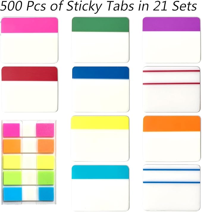 Sticky Tabs – Book tabs, Page Labels for Books, Files & Binders – Strong Adhesive & Repositionable Index Markers for Notebooks& Journals（500 Pieces 2 Inch 21 Sets 10 Colors）
