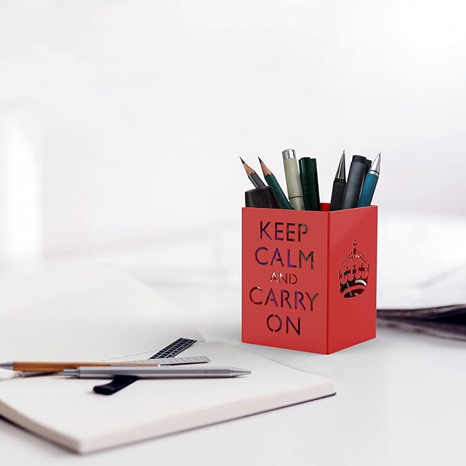 Mango Steam Metal Pen Holder, Makeup Brush Cup Organizer for Office, Bathroom, Vanity (Keep Calm, Red)