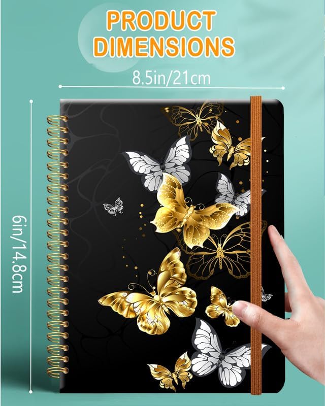 Ruled Spiral Writing Notebook,A5 Hardcover Lined College Journal for Women Lady Girl,Strong Twin-Wire Binding with Premium Paper,8.4" X 6",Perfect for School,Office,Home Gifts(Gold Butterfly)