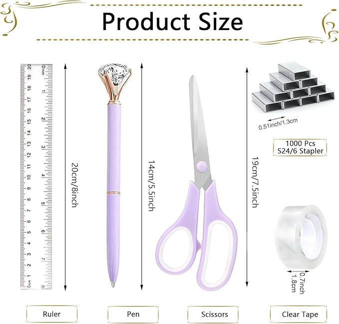 Office Supplies Set,Desk Accessories,Stapler and Tape Dispenser Set,1000 Staples,Staple Remover,Hinder Clips,Ruler,Scissor,Clear Tape,Ballpoint Pen,Sticky Notes,Gifts for Colleagues(Purple)