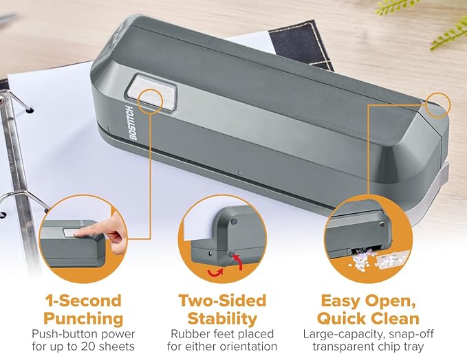 Bostitch Office Electric 3-Hole Punch, Dual Paper Loading, Heavy Duty, Jam-Free 20 Sheet Capacity, AC Adapter or Battery Powered, Space Saving, Grey, (EHP20-GRY)