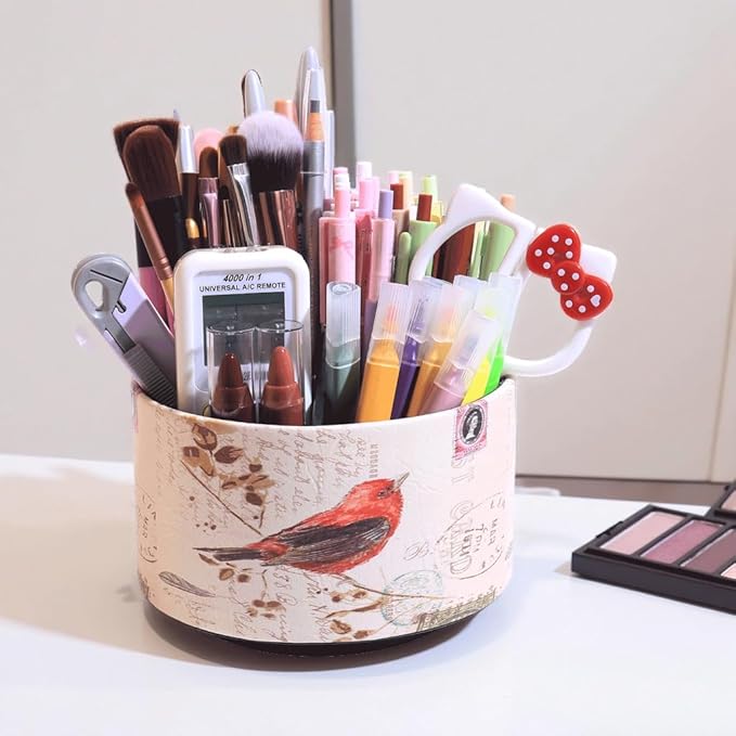 360° Rotate Desk Pen Organizer, Makeup Brush Holder Organizer, Makeup Organizers Countertop, TV Remote Control Holder,Leather Remote Caddy,Dual-Purpose Art Supply Pencil Cup (Bird)
