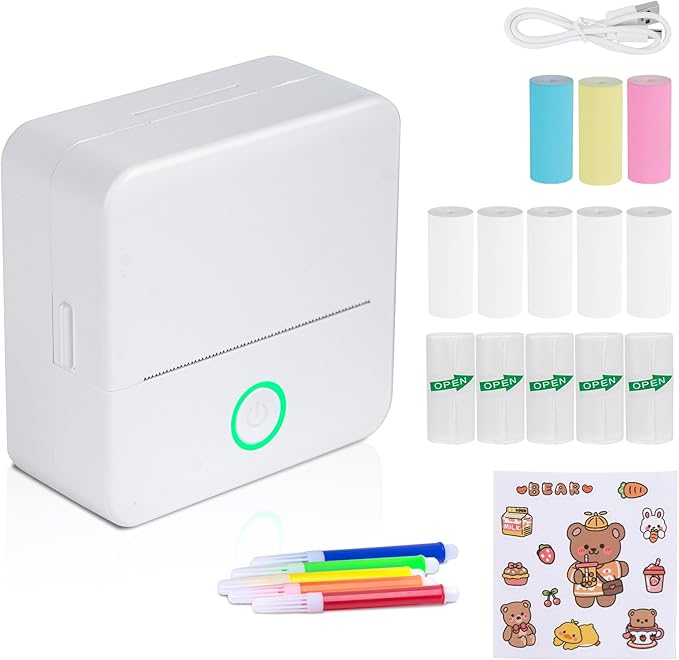 Mini Pocket Sticker Printer Wireless, Wireless Mini Portable Thermal Printers, Small Portable Stickers Printer Inkless 13 Roll Paper for iOS Android APP Pictures DIY Note Memo Gift, White
