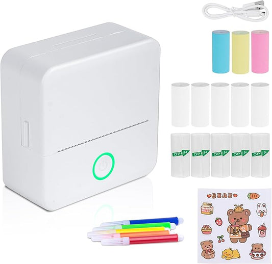 Mini Pocket Sticker Printer Wireless, Wireless Mini Portable Thermal Printers, Small Portable Stickers Printer Inkless 13 Roll Paper for iOS Android APP Pictures DIY Note Memo Gift, White