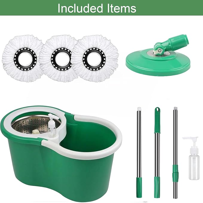 Spin Mop and Bucket with Wringer Set, 360° Spinning Mop Bucket System with 3 Microfiber Mop Replacement Heads Refills,56" Stainless Steel Extended Handle for Floor Cleaning Home Office (20QT) (Green)