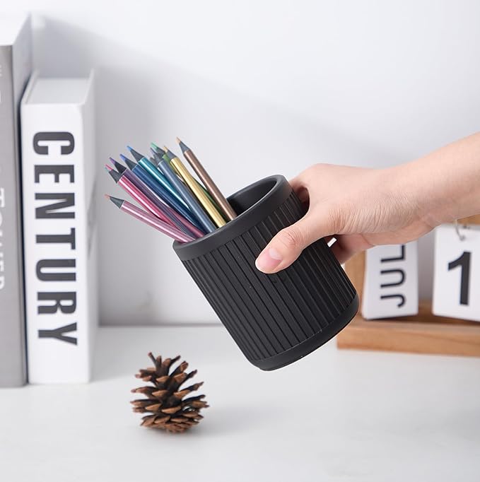 Aesthetic Charcoal Black Pen Holder for Desk - Concrete Modern Sturdy Black Pencil Holder for Desk- Cement Fluted Pen Cup Organizer - Minimalist & Modern Industrial Aesthetics to Office Decor