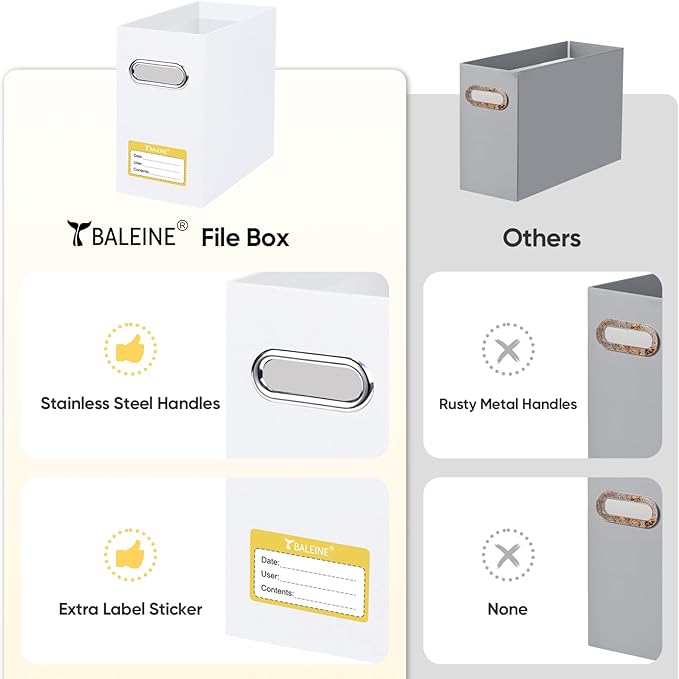 BALEINE File Organizer Box, Cardboard File Folder Organizer with Handle for Letter Size, Portable Collapsible Hanging Filing Box for Home Office Document Storage (4 Pack, White)