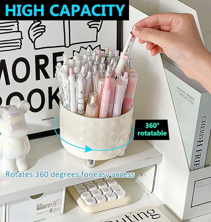 360° Rotating Pencil Holder for Desk, Makeup Brush Holder with 6 Slots, Desk Organizer for Writing Utensil, Office and School Supplies (Milky White)