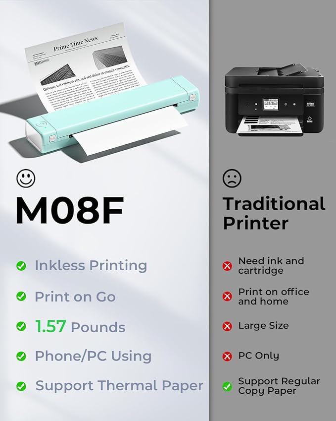 Phomemo Inkless Portable Printer for Travel - Wireless Thermal Printer Compatible with Phone & Laptop, Bluetooth Printers Supports 8.5" X 11" Letter Thermal Paper, Come with Carry Case