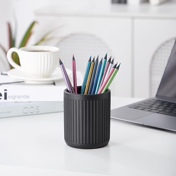 Aesthetic Charcoal Black Pen Holder for Desk - Concrete Modern Sturdy Black Pencil Holder for Desk- Cement Fluted Pen Cup Organizer - Minimalist & Modern Industrial Aesthetics to Office Decor