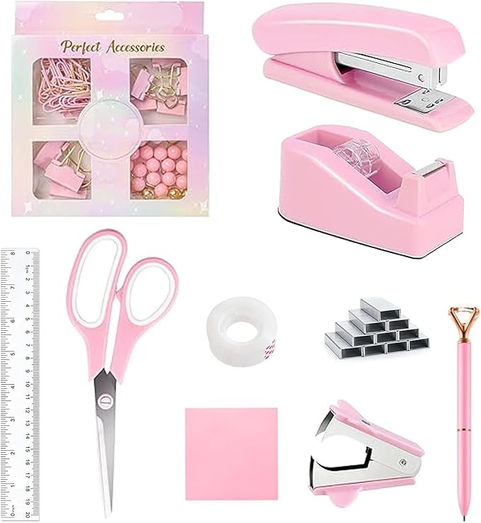Office Supplies,Desk Accessories,Tape Holder,Stapler,Scissor,Staple Remover,Box of Binder Clips,Staples,Ballpoint Pen,Sticky Notes,Clear Tape,Ruler,Office Supplies Set Pink