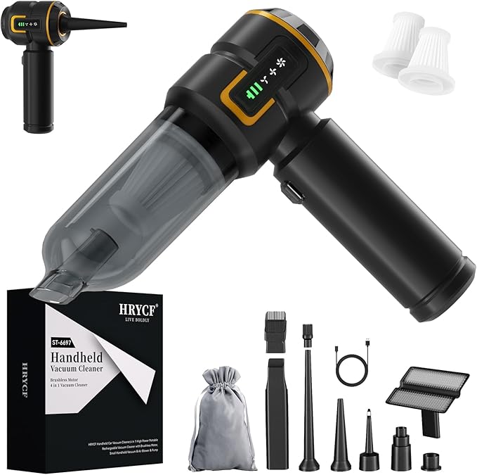 HRYCF Car Vacuum with LED Digital Display,20000PA Advanced Clean Cordless Handheld Vacuum, 4-in-1 High Power Portable Rechargeable Vacuum Cleaner with Brushless Motor