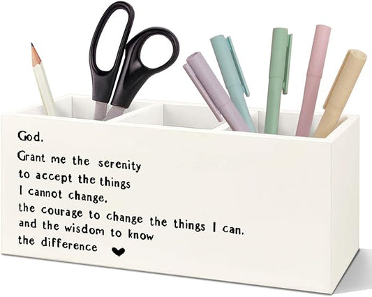 SNNDER Serenity Prayer Gifts Pen Holder for Desk, Christian Gifts for Women Men, God Grant Me the Serenity Bible Verses Wooden Pen Pencil Holder Organizer for Home Office Desk Accessories