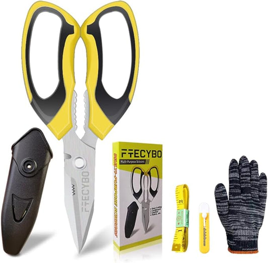 Heavy Duty 8'' Multipurpose Scissors with Protective Cover, Stainless Steel Serrated Blades, Easy Cutting Cardboard, Leather, Fabric, Wires, Nutcracker, Yellow