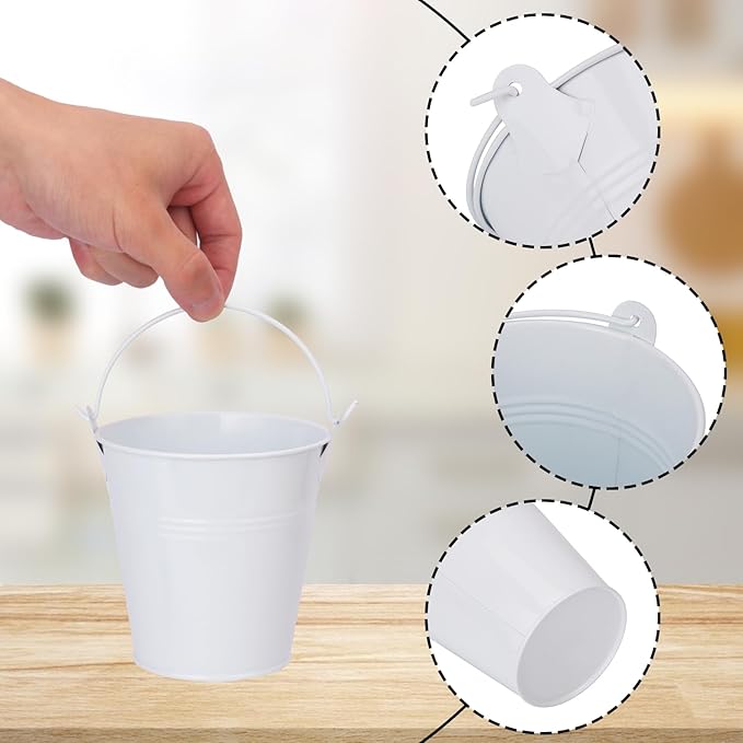 22 Pack 4 Inch White Mini Metal Bucket, Elegant Galvanized Buckets with Handles, Tin Buckets, Small Iron Bucket, Mini Metal Pail for Party Favors, Crafts, Garden & Beach