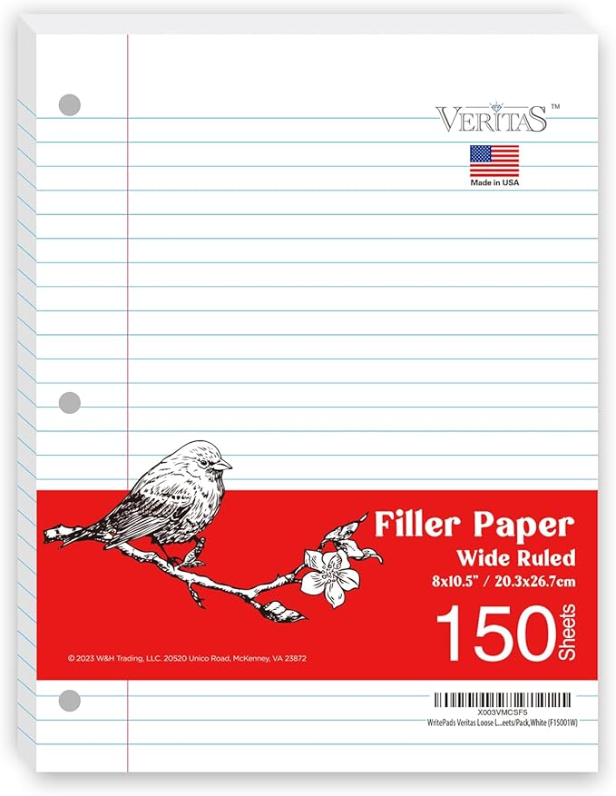 Loose Leaf Notebook Paper, 8"x10-1/2" Wide Ruled Lined Paper, Bulk Filler Paper, 3 Hole Punched For 3 Ring Binder, 150 Sheets/Pack, 24PK Per Carton, 3600 Sheets, Made In USA