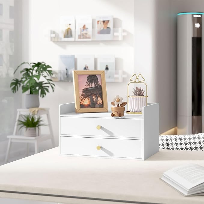 Bamboo Desk Organizer with Drawers Wooden Desktop Storage Organization Box for Bills Office Supplies Kitchen Utensils Organizing Tool for Home Classroom Vanity, No Assembly Required (2 Drawers, White)