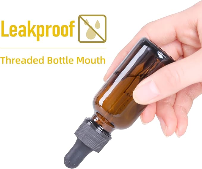 2 oz Dropper Bottle 24 Pack Amber Glass Boston Bottles 60ml with Eye Droppers Black Caps for Essential Oils, Perfume, Leak Proof Travel Bottles for Liquids